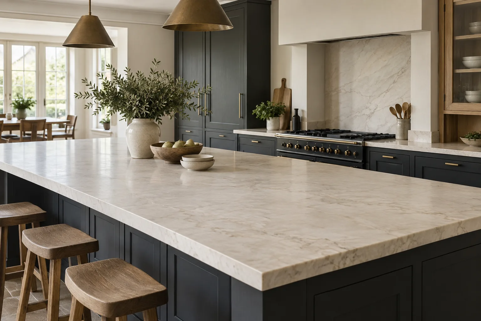 Design inspiration: pale stone island, charcoal kitchen cabinets and oak detailing